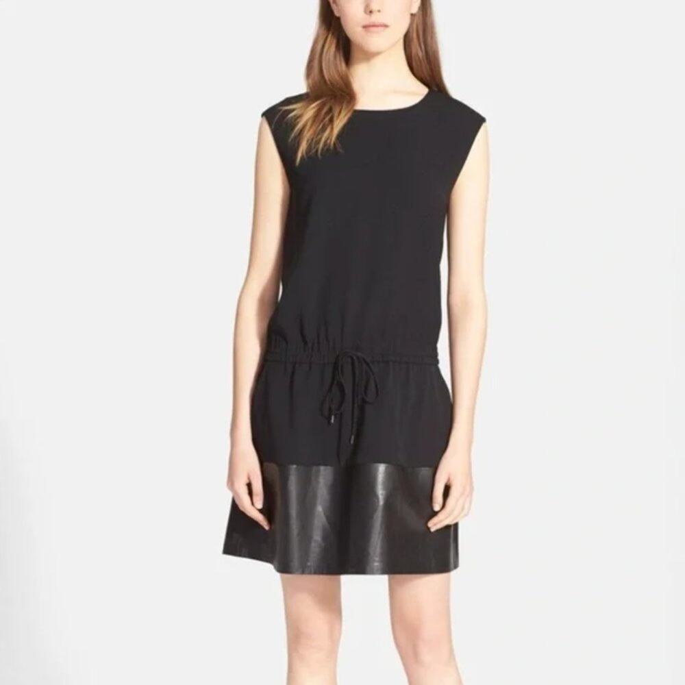 VINCE Lamb Leather Contrast Drawstring Dress Black {QQ13}